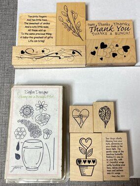 RARE UNIQUE VTG Wood Rubber Stamps Safire Designs & Great Impressions 20pc Lot